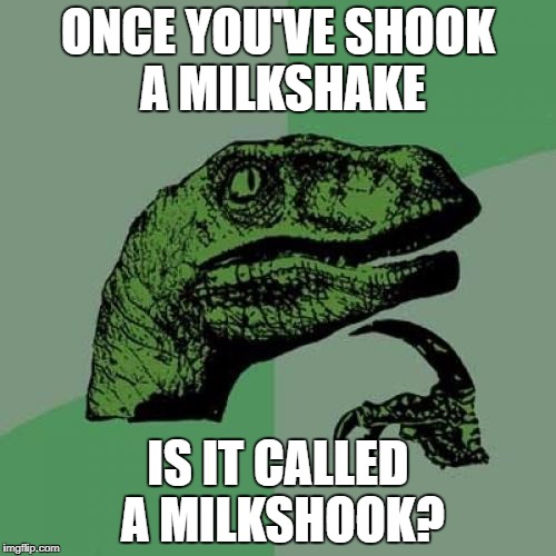 Philosoraptor Meme | ONCE YOU'VE SHOOK A MILKSHAKE; IS IT CALLED A MILKSHOOK? | image tagged in memes,philosoraptor | made w/ Imgflip meme maker