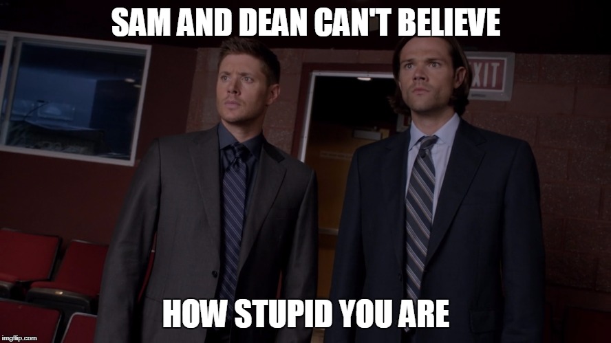 SAM AND DEAN CAN'T BELIEVE; HOW STUPID YOU ARE | image tagged in stupid memes,supernatural,dean winchester,sam winchester | made w/ Imgflip meme maker