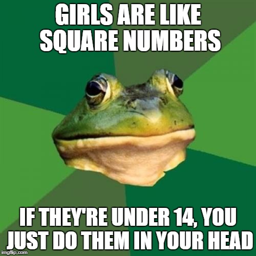 I can't even | GIRLS ARE LIKE SQUARE NUMBERS; IF THEY'RE UNDER 14, YOU JUST DO THEM IN YOUR HEAD | image tagged in memes,foul bachelor frog | made w/ Imgflip meme maker