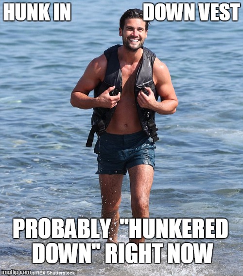 Hunk in Down | HUNK IN                   DOWN VEST; PROBABLY  "HUNKERED DOWN" RIGHT NOW | image tagged in hunk in down | made w/ Imgflip meme maker