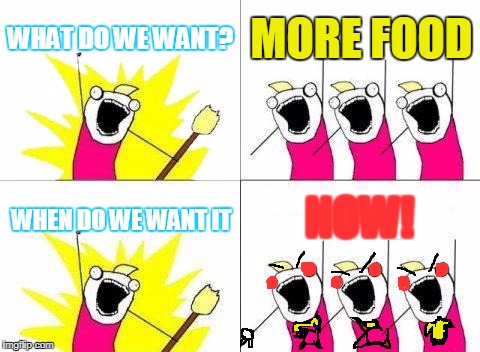 What Do We Want Meme | WHAT DO WE WANT? MORE FOOD; NOW! WHEN DO WE WANT IT | image tagged in memes,what do we want | made w/ Imgflip meme maker