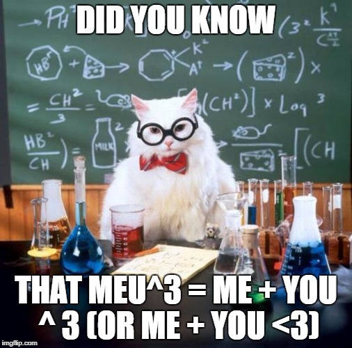 Chemistry Cat Meme | DID YOU KNOW; THAT MEU^3 = ME + YOU ^ 3 (OR ME + YOU <3) | image tagged in memes,chemistry cat | made w/ Imgflip meme maker