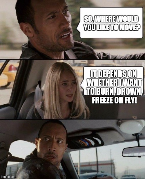 The Rock Driving | SO, WHERE WOULD YOU LIKE TO MOVE? IT DEPENDS ON WHETHER I WANT TO BURN, DROWN, FREEZE OR FLY! | image tagged in memes,the rock driving | made w/ Imgflip meme maker