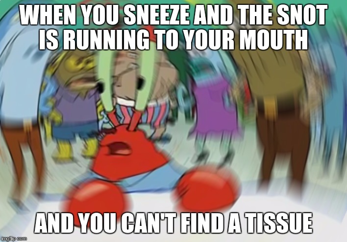 Mr Krabs Blur Meme | WHEN YOU SNEEZE AND THE SNOT IS RUNNING TO YOUR MOUTH; AND YOU CAN'T FIND A TISSUE | image tagged in memes,mr krabs blur meme | made w/ Imgflip meme maker