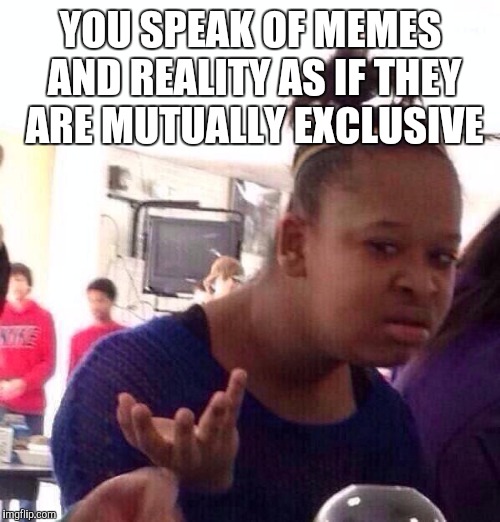 Black Girl Wat Meme | YOU SPEAK OF MEMES AND REALITY AS IF THEY ARE MUTUALLY EXCLUSIVE | image tagged in memes,black girl wat | made w/ Imgflip meme maker