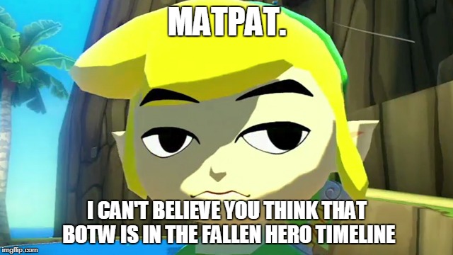 Zelda | MATPAT. I CAN'T BELIEVE YOU THINK THAT BOTW IS IN THE FALLEN HERO TIMELINE | image tagged in zelda | made w/ Imgflip meme maker