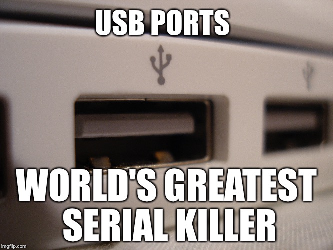 USB ports | USB PORTS; WORLD'S GREATEST SERIAL KILLER | image tagged in usb,computer | made w/ Imgflip meme maker