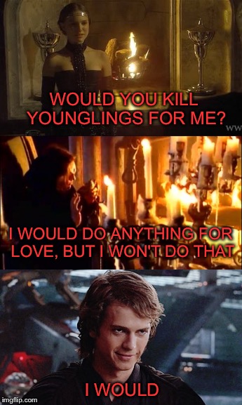 Love Knows no Bounds |  WOULD YOU KILL YOUNGLINGS FOR ME? I WOULD DO ANYTHING FOR LOVE, BUT I WON'T DO THAT; I WOULD | image tagged in star wars,anakin skywalker,padme,meatloaf,love,anakin star wars | made w/ Imgflip meme maker