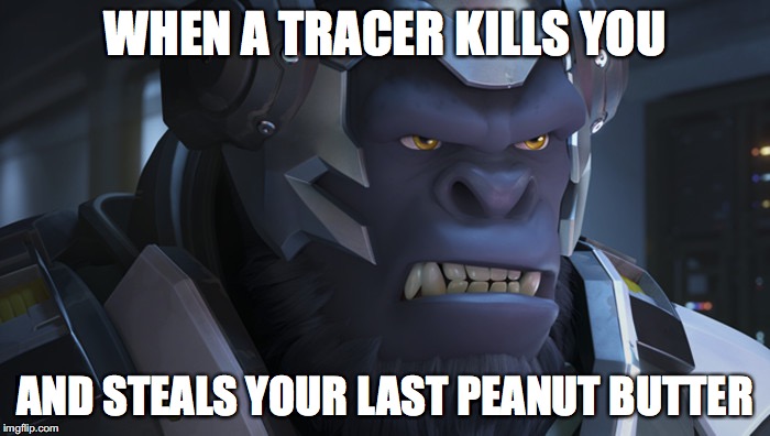 Angry Winston | WHEN A TRACER KILLS YOU; AND STEALS YOUR LAST PEANUT BUTTER | image tagged in winston overwatch,memes,funny,overwatch | made w/ Imgflip meme maker