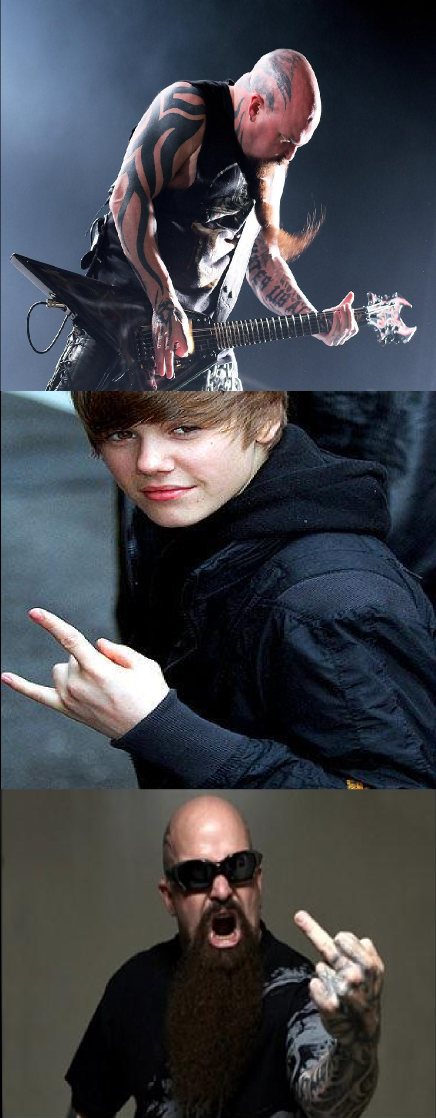 Slayer and justin | image tagged in music,slayer,funny,justin bieber