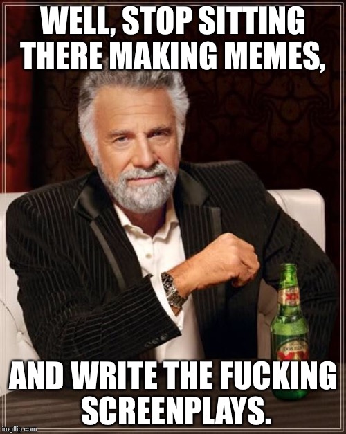 The Most Interesting Man In The World Meme | WELL, STOP SITTING THERE MAKING MEMES, AND WRITE THE F**KING SCREENPLAYS. | image tagged in memes,the most interesting man in the world | made w/ Imgflip meme maker