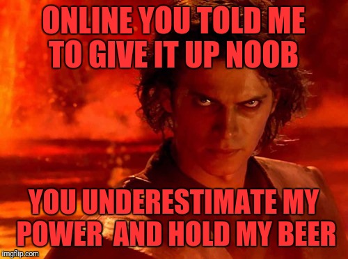 You Underestimate My Power Meme | ONLINE YOU TOLD ME TO GIVE IT UP NOOB; YOU UNDERESTIMATE MY POWER  AND HOLD MY BEER | image tagged in memes,you underestimate my power | made w/ Imgflip meme maker