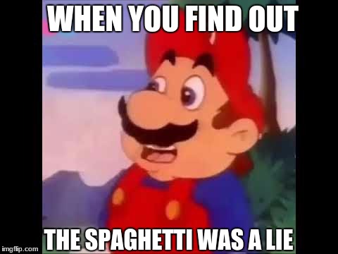 poor mario | WHEN YOU FIND OUT; THE SPAGHETTI WAS A LIE | image tagged in spaghetti | made w/ Imgflip meme maker