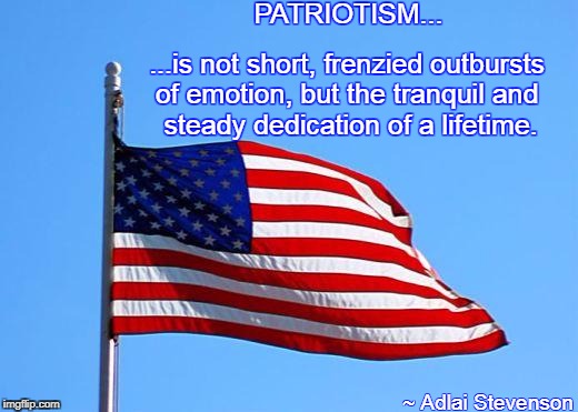 American flag | PATRIOTISM... ...is not short, frenzied outbursts of emotion, but the tranquil and       steady dedication of a lifetime. ~ Adlai Stevenson | image tagged in american flag | made w/ Imgflip meme maker