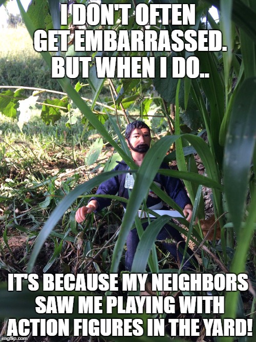 Action Jackson | I DON'T OFTEN GET EMBARRASSED. BUT WHEN I DO.. IT'S BECAUSE MY NEIGHBORS SAW ME PLAYING WITH ACTION FIGURES IN THE YARD! | image tagged in imgflip,action,1970's,funny memes,toys,i dont always | made w/ Imgflip meme maker