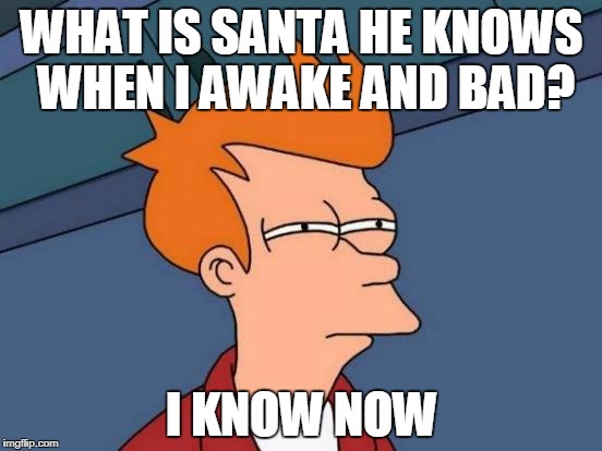 Futurama Fry Meme | WHAT IS SANTA HE KNOWS WHEN I AWAKE AND BAD? I KNOW NOW | image tagged in memes,futurama fry | made w/ Imgflip meme maker