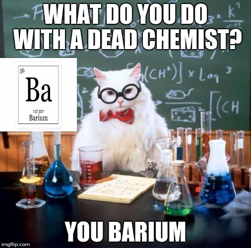 Chemistry Cat Meme | WHAT DO YOU DO WITH A DEAD CHEMIST? YOU BARIUM | image tagged in memes,chemistry cat | made w/ Imgflip meme maker
