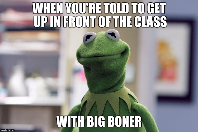 Comment if you can relate | WHEN YOU'RE TOLD TO GET UP IN FRONT OF THE CLASS; WITH BIG BONER | image tagged in disappointed kermit | made w/ Imgflip meme maker