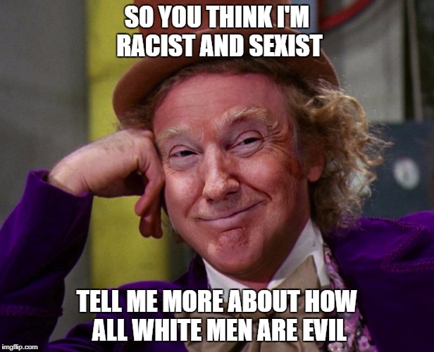 SO YOU THINK I'M RACIST AND SEXIST; TELL ME MORE ABOUT HOW ALL WHITE MEN ARE EVIL | image tagged in trumpy wonka | made w/ Imgflip meme maker