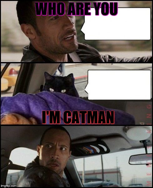 The Rock Driving Evil Cat | WHO ARE YOU; I'M CATMAN | image tagged in the rock driving evil cat | made w/ Imgflip meme maker