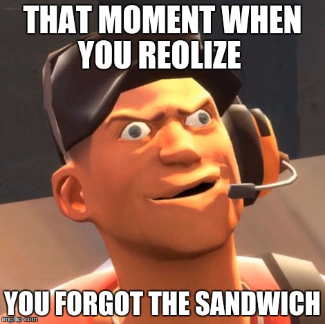 TF2 Scout | THAT MOMENT WHEN YOU REOLIZE; YOU FORGOT THE SANDWICH | image tagged in tf2 scout | made w/ Imgflip meme maker