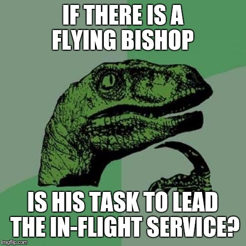 The Flying Bishop | IF THERE IS A FLYING BISHOP; IS HIS TASK TO LEAD THE IN-FLIGHT SERVICE? | image tagged in memes,philosoraptor | made w/ Imgflip meme maker
