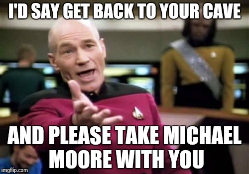 Picard Wtf Meme | I'D SAY GET BACK TO YOUR CAVE AND PLEASE TAKE MICHAEL MOORE WITH YOU | image tagged in memes,picard wtf | made w/ Imgflip meme maker