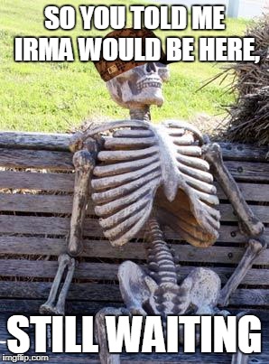 Waiting Skeleton Meme | SO YOU TOLD ME IRMA WOULD BE HERE, STILL WAITING | image tagged in memes,waiting skeleton,scumbag | made w/ Imgflip meme maker