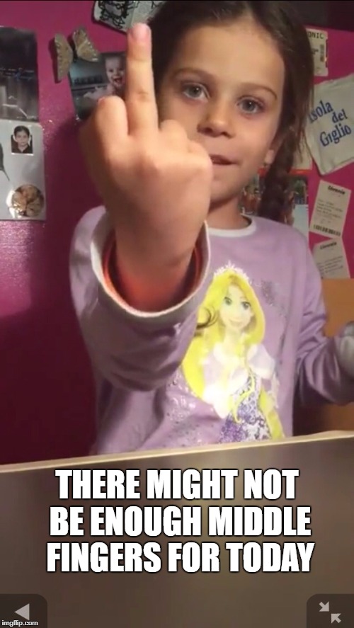 THERE MIGHT NOT BE ENOUGH MIDDLE FINGERS FOR TODAY | THERE MIGHT NOT BE ENOUGH MIDDLE FINGERS FOR TODAY | image tagged in middle finger,little girl,princess,there might not be enough middle fingers for today | made w/ Imgflip meme maker