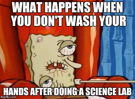 sick spongebob |  WHAT HAPPENS WHEN YOU DON'T WASH YOUR; HANDS AFTER DOING A SCIENCE LAB | image tagged in sick spongebob | made w/ Imgflip meme maker
