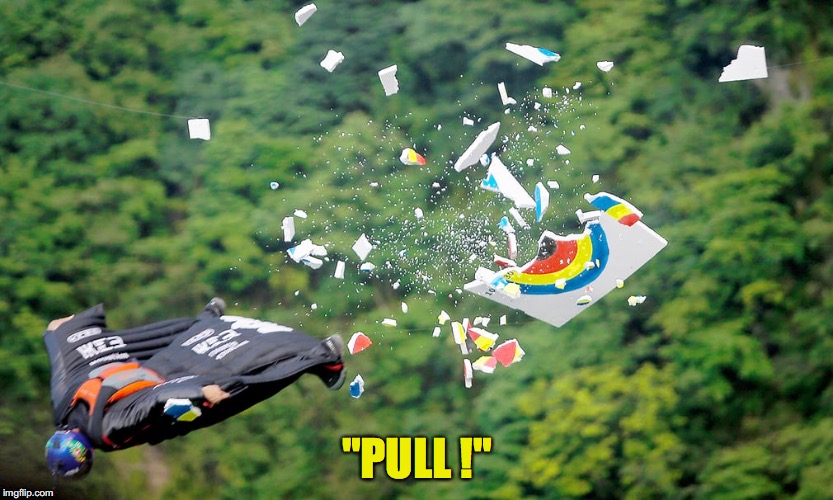 Gun?  I don't need no steenking gun! | "PULL !" | image tagged in wingsuit | made w/ Imgflip meme maker