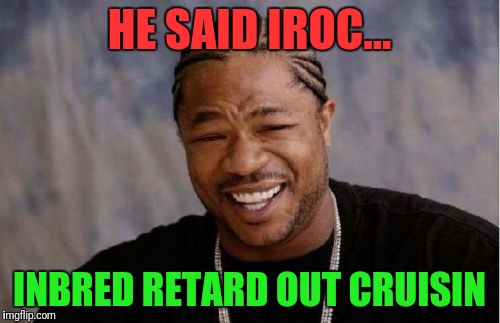 Yo Dawg Heard You Meme | HE SAID IROC... INBRED RETARD OUT CRUISIN | image tagged in memes,yo dawg heard you | made w/ Imgflip meme maker