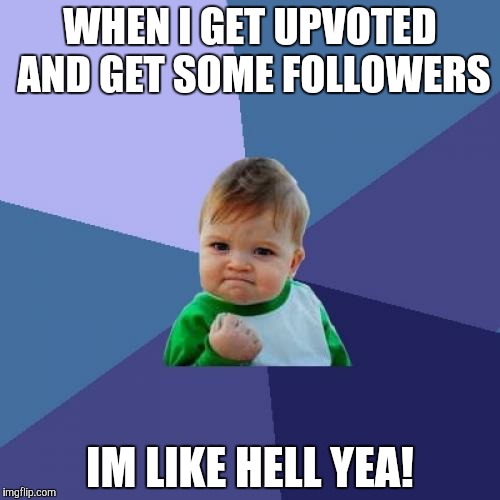 Success Kid | WHEN I GET UPVOTED AND GET SOME FOLLOWERS; IM LIKE HELL YEA! | image tagged in memes | made w/ Imgflip meme maker