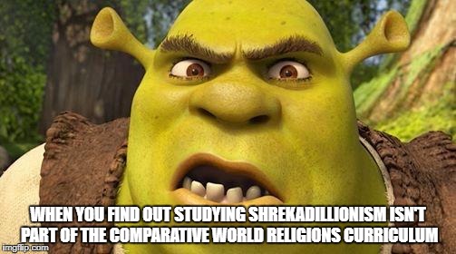 Shrekadillionism is a religion too. | WHEN YOU FIND OUT STUDYING SHREKADILLIONISM ISN'T PART OF THE COMPARATIVE WORLD RELIGIONS CURRICULUM | image tagged in shrek autism,school,religion,shrek,shrek is love,shrek is life | made w/ Imgflip meme maker