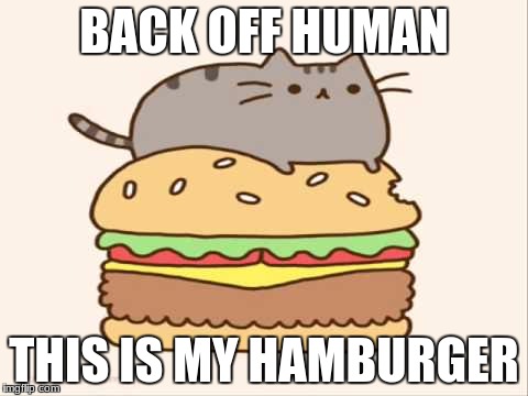 meowurger | BACK OFF HUMAN; THIS IS MY HAMBURGER | image tagged in pusheenburger | made w/ Imgflip meme maker