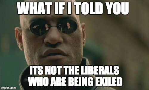 Matrix Morpheus Meme | WHAT IF I TOLD YOU ITS NOT THE LIBERALS WHO ARE BEING EXILED | image tagged in memes,matrix morpheus | made w/ Imgflip meme maker