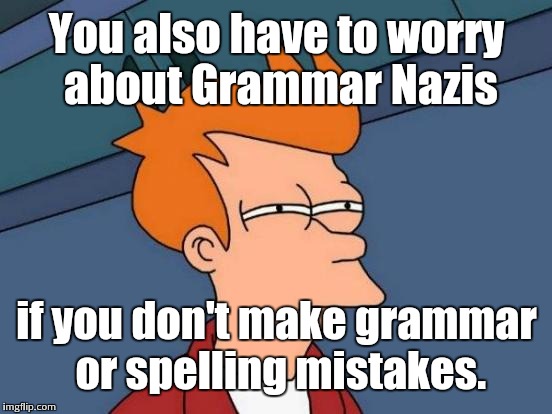 Futurama Fry Meme | You also have to worry about Grammar Nazis if you don't make grammar or spelling mistakes. | image tagged in memes,futurama fry | made w/ Imgflip meme maker