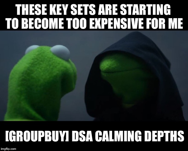 Evil Kermit Meme | THESE KEY SETS ARE STARTING TO BECOME TOO EXPENSIVE FOR ME; [GROUPBUY] DSA CALMING DEPTHS | image tagged in evil kermit meme | made w/ Imgflip meme maker