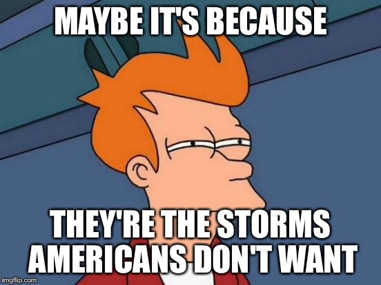 Futurama Fry Meme | MAYBE IT'S BECAUSE THEY'RE THE STORMS AMERICANS DON'T WANT | image tagged in memes,futurama fry | made w/ Imgflip meme maker