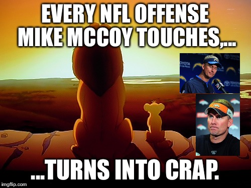 Coach Mike McCoy sucks | EVERY NFL OFFENSE MIKE MCCOY TOUCHES,... ...TURNS INTO CRAP. | image tagged in memes,lion king,san diego chargers,denver broncos,nfl memes,football | made w/ Imgflip meme maker