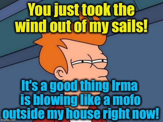 Futurama Fry Meme | You just took the wind out of my sails! It's a good thing Irma is blowing like a mofo outside my house right now! | image tagged in memes,futurama fry | made w/ Imgflip meme maker