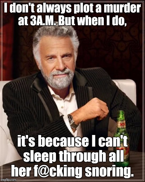 The Most Interesting Man In The World Meme | I don't always plot a murder at 3A.M. But when I do, it's because I can't sleep through all her f@cking snoring. | image tagged in memes,the most interesting man in the world | made w/ Imgflip meme maker