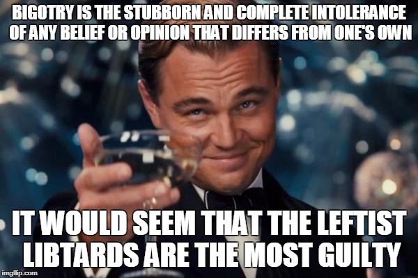 Leonardo Dicaprio Cheers Meme | BIGOTRY IS THE STUBBORN AND COMPLETE INTOLERANCE OF ANY BELIEF OR OPINION THAT DIFFERS FROM ONE'S OWN; IT WOULD SEEM THAT THE LEFTIST LIBTARDS ARE THE MOST GUILTY | image tagged in memes,leonardo dicaprio cheers | made w/ Imgflip meme maker