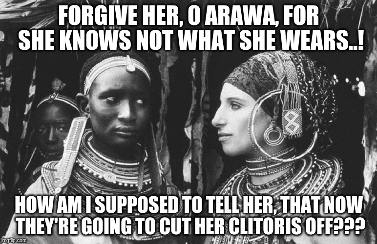 Amerikan Africanic 001 | FORGIVE HER, O ARAWA, FOR SHE KNOWS NOT WHAT SHE WEARS..! HOW AM I SUPPOSED TO TELL HER, THAT NOW THEY'RE GOING TO CUT HER CLITORIS OFF??? | image tagged in amerikan africanic 001 | made w/ Imgflip meme maker