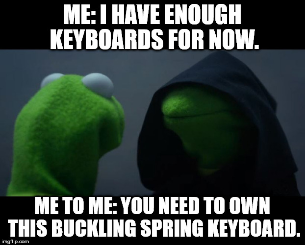 Evil Kermit Meme | ME: I HAVE ENOUGH KEYBOARDS FOR NOW. ME TO ME: YOU NEED TO OWN THIS BUCKLING SPRING KEYBOARD. | image tagged in evil kermit meme | made w/ Imgflip meme maker