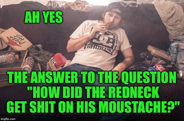 Stoner on couch | AH YES THE ANSWER TO THE QUESTION "HOW DID THE REDNECK GET SHIT ON HIS MOUSTACHE?" | image tagged in stoner on couch | made w/ Imgflip meme maker