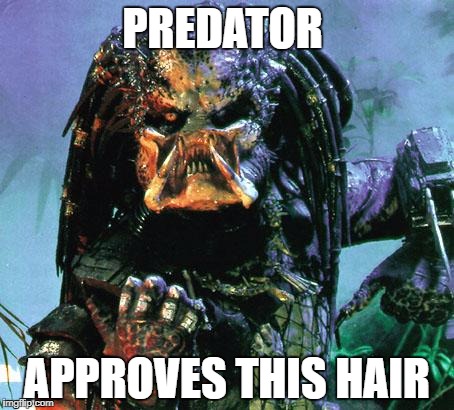 predator | PREDATOR; APPROVES THIS HAIR | image tagged in predator | made w/ Imgflip meme maker