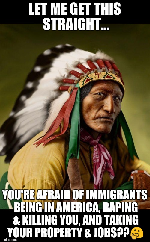 LET ME GET THIS STRAIGHT... YOU'RE AFRAID OF IMMIGRANTS BEING IN AMERICA, RAPING & KILLING YOU, AND TAKING YOUR PROPERTY & JOBS??🤔 | image tagged in native american | made w/ Imgflip meme maker