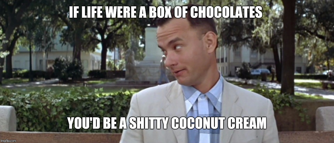 Getting Dumped By The Gump |  IF LIFE WERE A BOX OF CHOCOLATES; YOU'D BE A SHITTY COCONUT CREAM | image tagged in forest gump | made w/ Imgflip meme maker