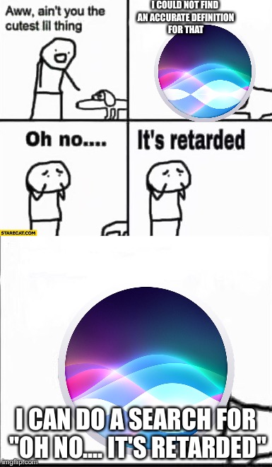 Nobody likes you Siri  | I COULD NOT FIND AN ACCURATE DEFINITION FOR THAT; I CAN DO A SEARCH FOR "OH NO.... IT'S RETARDED" | image tagged in siri,memes,professor_memesquad | made w/ Imgflip meme maker